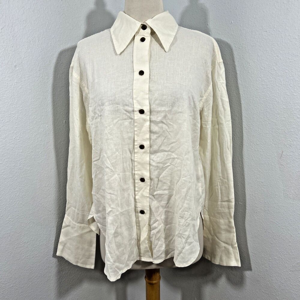 H M Shirt Womens XS Ivory Linen‎ Blend Minimalist Preppy Summer Vacation